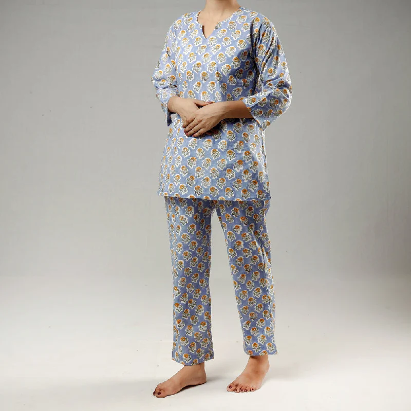 Blue - Sanganeri Block Print Cotton Night Suit