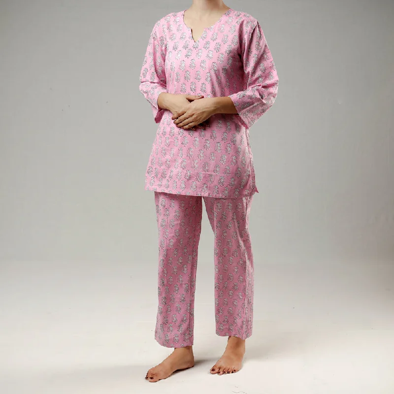 Pink - Sanganeri Block Print Cotton Night Suit