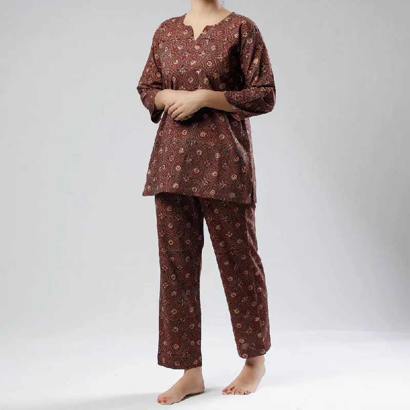 Brown - Ajrakh Block Print Cotton Night Suit