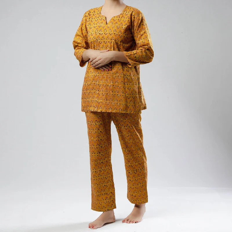 Yellow - Ajrakh Block Print Cotton Night Suit