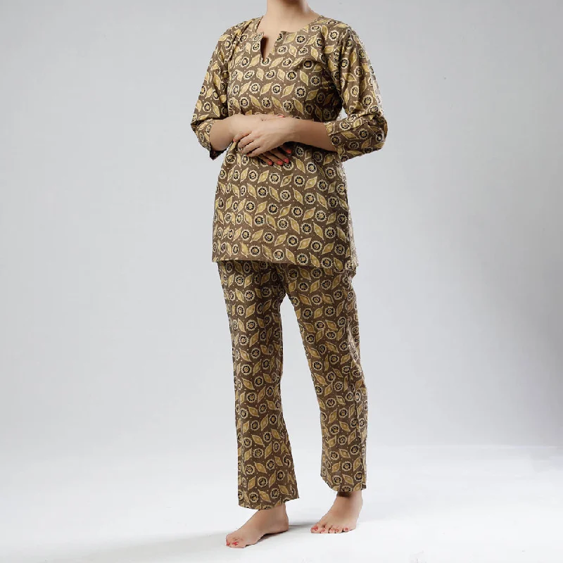 Brown - Ajrakh Block Printed Cotton Night Suit