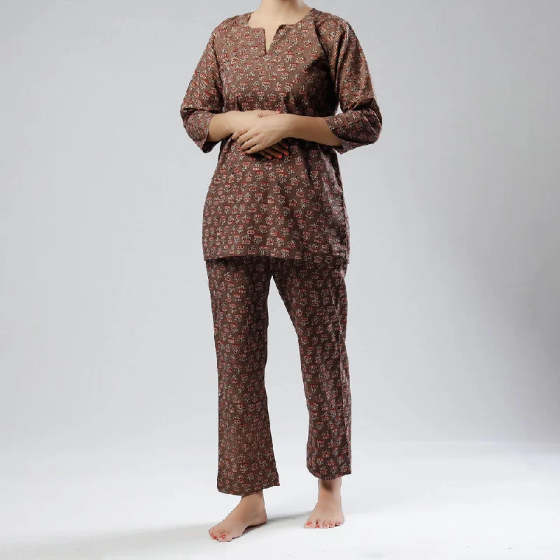 Brown - Ajrakh Block Printed Cotton Night Suit