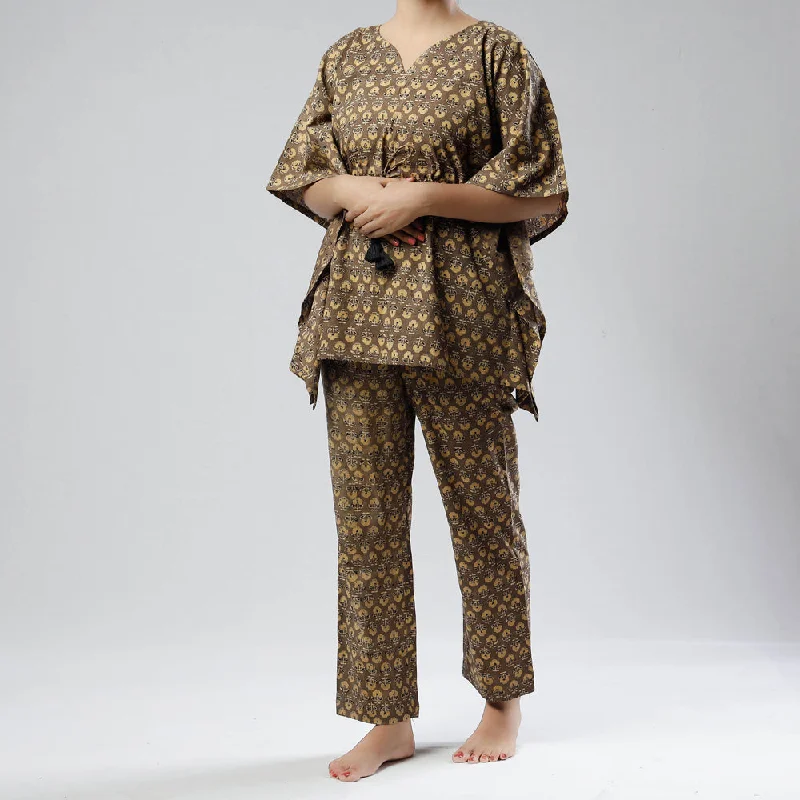 Brown - Ajrakh Block Printed Cotton Kaftan & Pyjama Night Suit Set