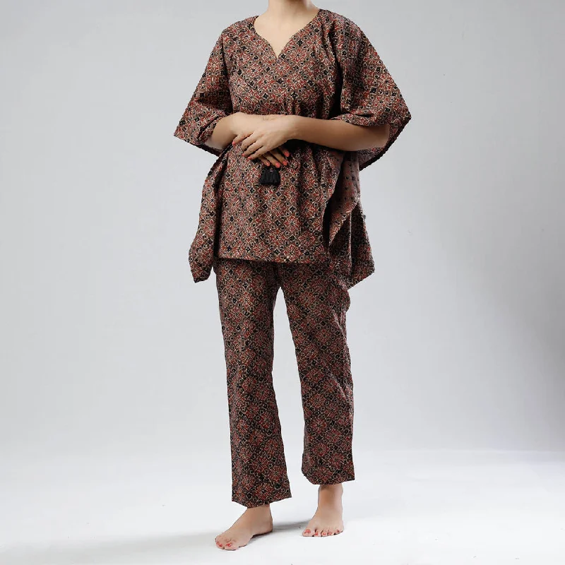 Brown - Ajrakh Block Printed Cotton Kaftan & Pyjama Night Suit Set