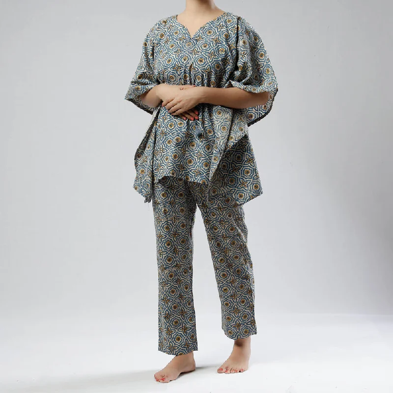 Grey - Ajrakh Block Printed Cotton Kaftan & Pyjama Night Suit Set