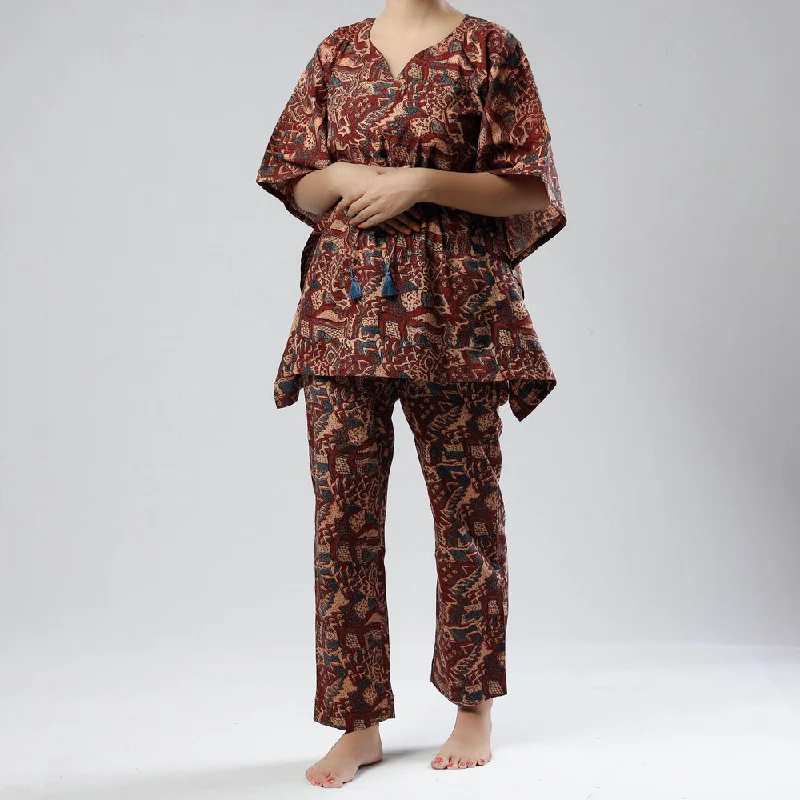 Brown - Maroon - Ajrakh Block Printed Cotton Kaftan & Pyjama Night Suit Set