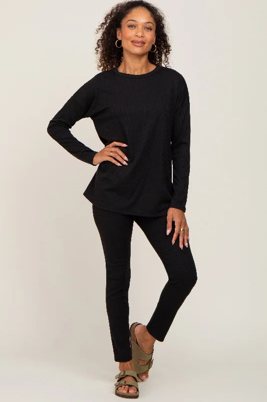 black-ribbed-long-sleeve-maternity-pajama-pants-set