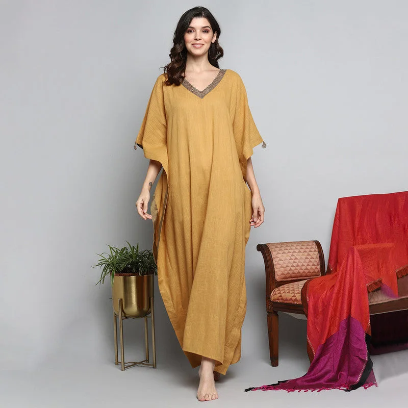 Cotton Kaftan | Gold Zari Neck | Tie-Up | Mustard