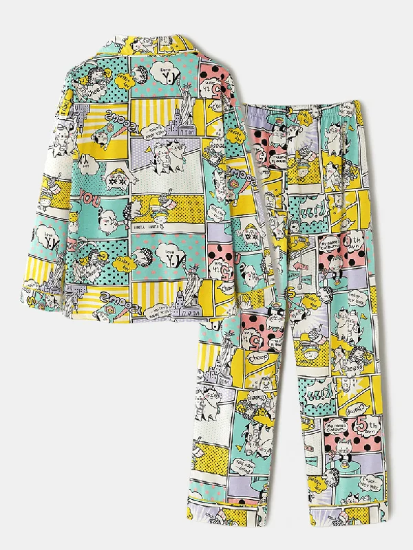 women-cotton-comics-print-camp-collar-long-sleeve-elastic-waist-home-casual-pajama-sets