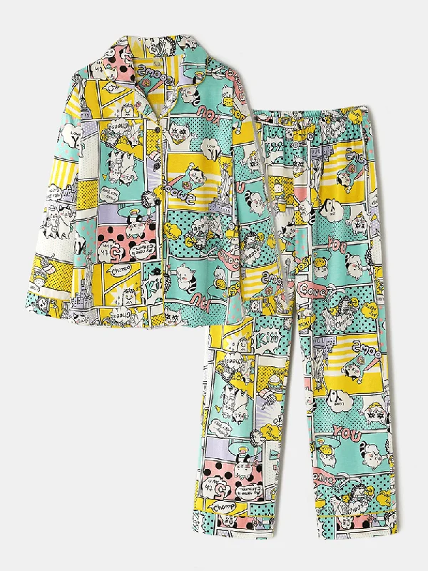 women-cotton-comics-print-camp-collar-long-sleeve-elastic-waist-home-casual-pajama-sets