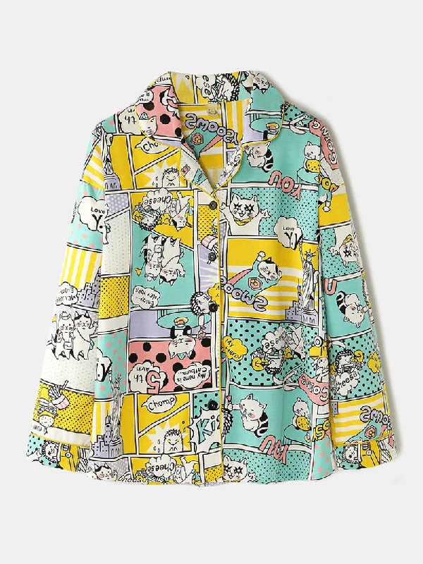 women-cotton-comics-print-camp-collar-long-sleeve-elastic-waist-home-casual-pajama-sets