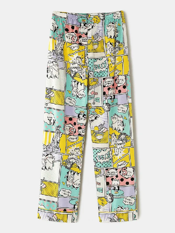 women-cotton-comics-print-camp-collar-long-sleeve-elastic-waist-home-casual-pajama-sets