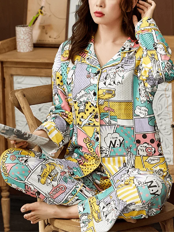 women-cotton-comics-print-camp-collar-long-sleeve-elastic-waist-home-casual-pajama-sets