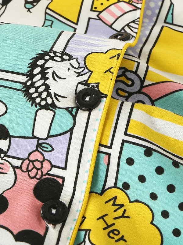 women-cotton-comics-print-camp-collar-long-sleeve-elastic-waist-home-casual-pajama-sets