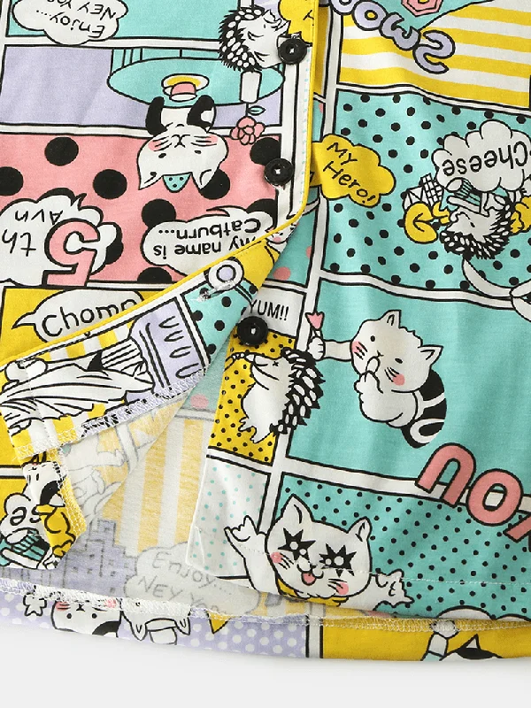 women-cotton-comics-print-camp-collar-long-sleeve-elastic-waist-home-casual-pajama-sets