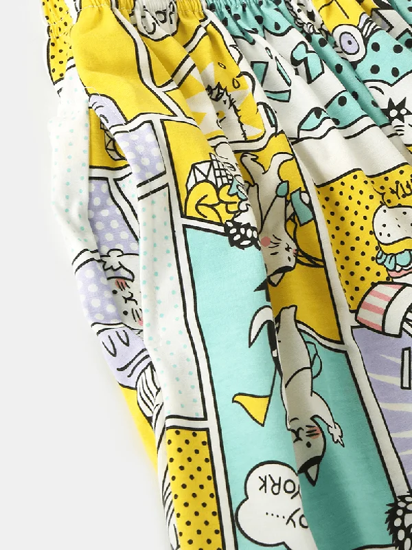 women-cotton-comics-print-camp-collar-long-sleeve-elastic-waist-home-casual-pajama-sets