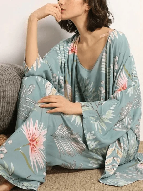 Women Leaves Print Sling Wide Leg Pants Home Cozy Pajamas with Open Front Robe