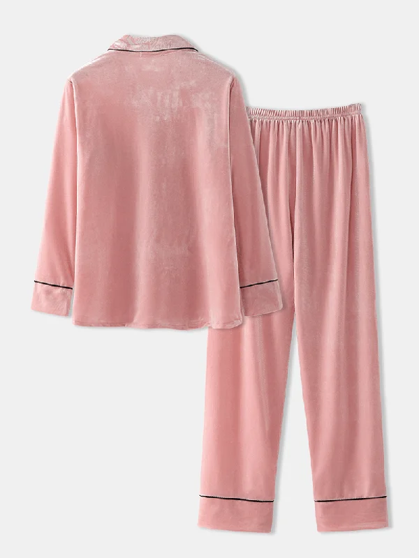 women-plus-size-velvet-lapel-button-loose-straight-pants-homewear-lounge-solid-pajamas-set