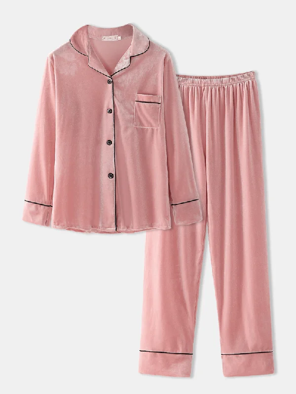 women-plus-size-velvet-lapel-button-loose-straight-pants-homewear-lounge-solid-pajamas-set