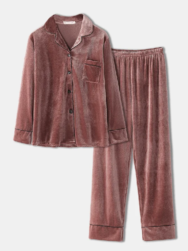 women-plus-size-velvet-lapel-button-loose-straight-pants-homewear-lounge-solid-pajamas-set