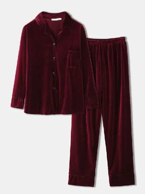 women-plus-size-velvet-lapel-button-loose-straight-pants-homewear-lounge-solid-pajamas-set