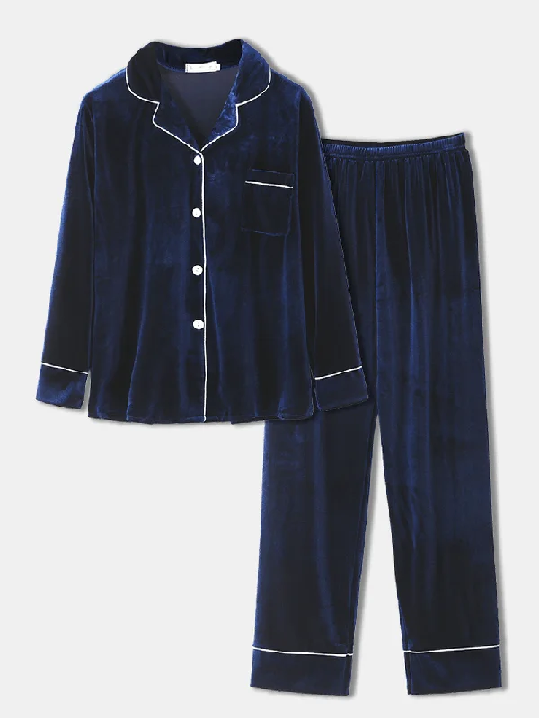 women-plus-size-velvet-lapel-button-loose-straight-pants-homewear-lounge-solid-pajamas-set