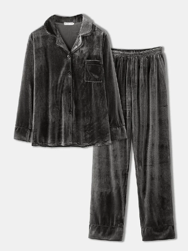 women-plus-size-velvet-lapel-button-loose-straight-pants-homewear-lounge-solid-pajamas-set