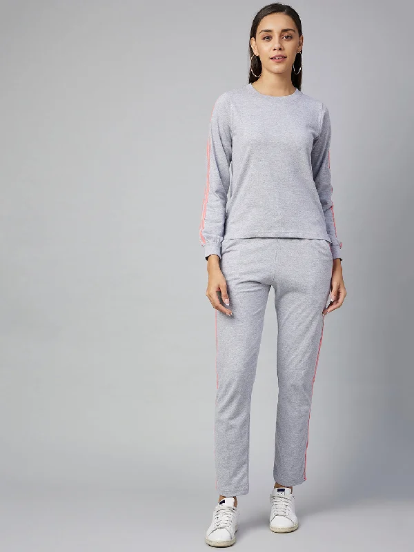 Women's Cotton Light Grey Track Suit Set With Pink Stripe - Stylestone