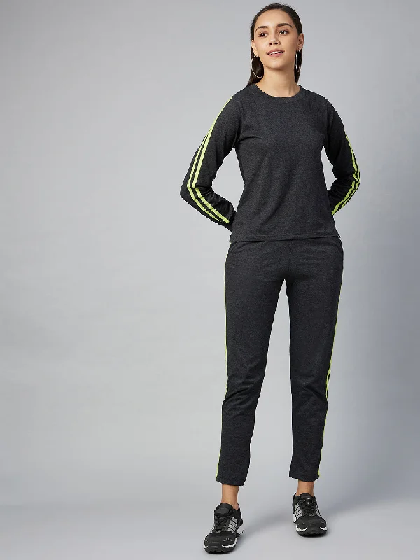 Women's Cotton Dark Grey Track Suit Set With Lime Green Stripe - Stylestone