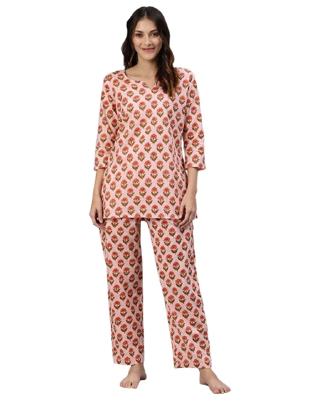 Women's Pink Cotton Loungewear /Nightwear Set  - Wahenoor