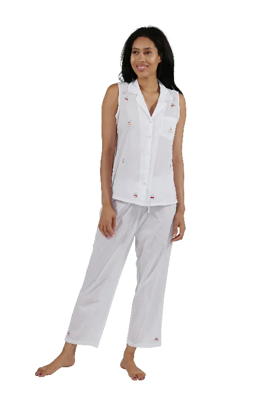 100% Cotton Sleeveless Embroidered Sailboat Capri Pajama Set