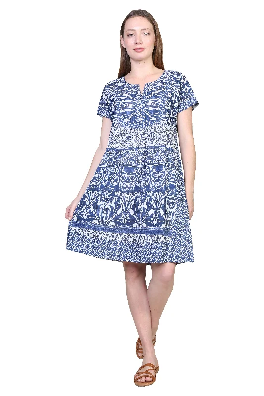 La Cera Short Sleeve Indigo Print Cotton Chemise