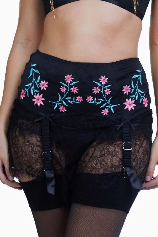 Doris Black Embroidered Retro Suspender Belt