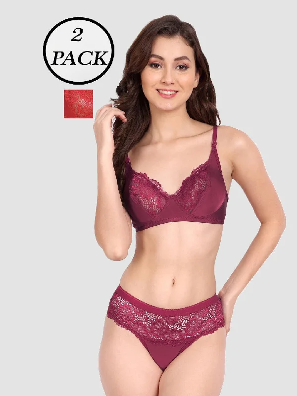 Women Lycra Lace Bra Panty Non-Padded Pack of 2 Lingerie Set