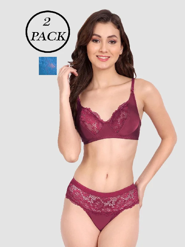 Women Lycra Lace Bra Panty Non-Padded Pack of 2 Lingerie Set