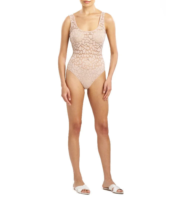 Temptation Sheer Allover Lace Bodysuit Café