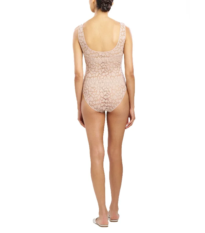 Temptation Sheer Allover Lace Bodysuit Café