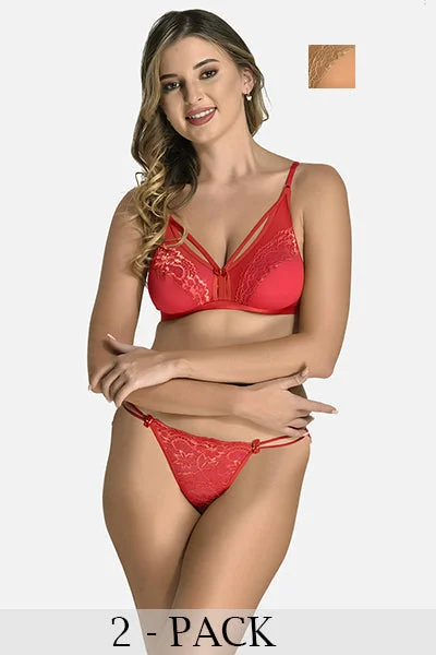 Women Net Bra Panty Non-Padded Non-Wired Pack of 2 Lingerie Set Red Beige