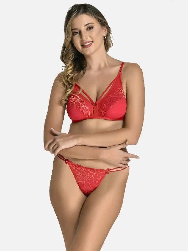 Women Net Bra Panty Non-Padded Non-Wired Pack of 1 Lingerie Set Red