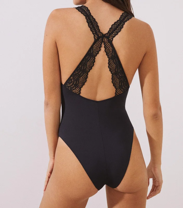 Microfiber and Lace Halterneck Bodysuit Black