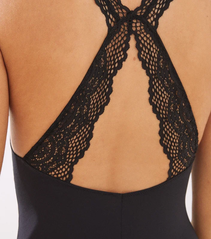 Microfiber and Lace Halterneck Bodysuit Black