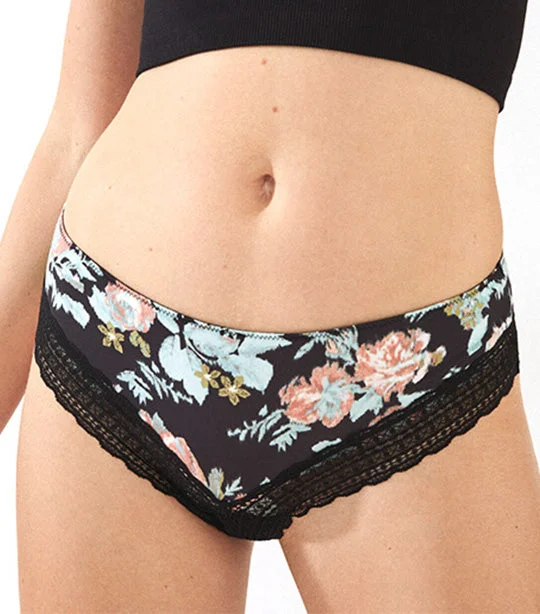 Printed Lace and Microfiber Wide Side Brazilian Panty Black