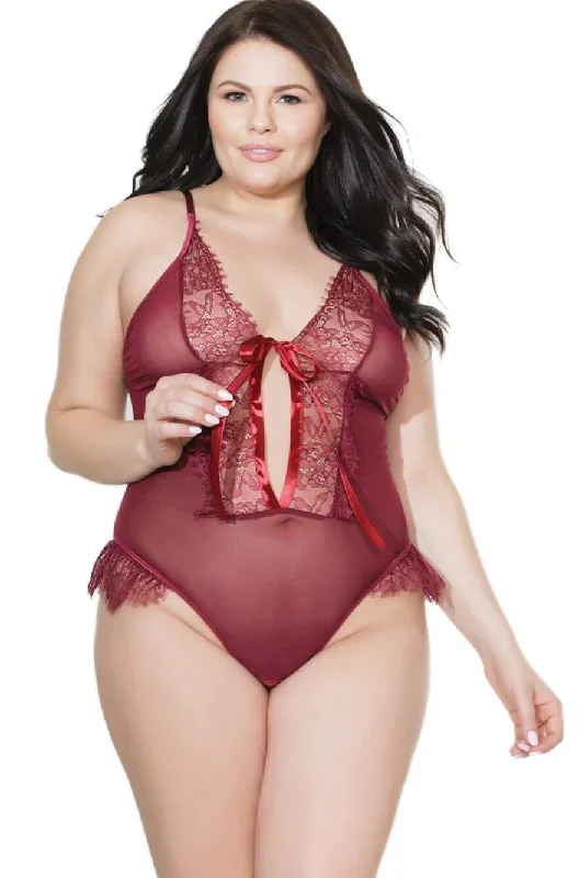 Sheer Lace Crotchless Teddy | Plus Size