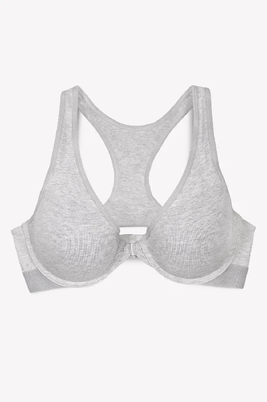 Comfort Cotton Front & Back Close Racerback Bra | Light Grey Heather Cotton