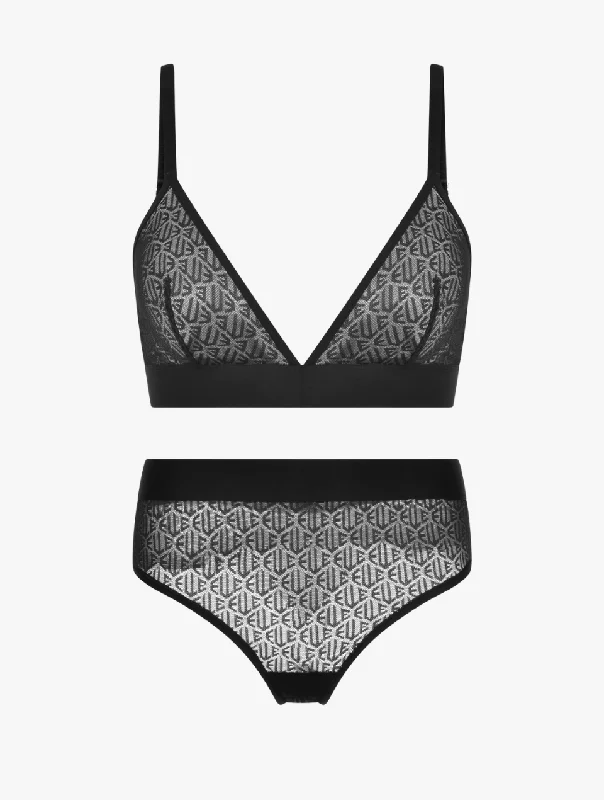 ELLE Icon Lace Triangle Bralette & Thong Set - Black