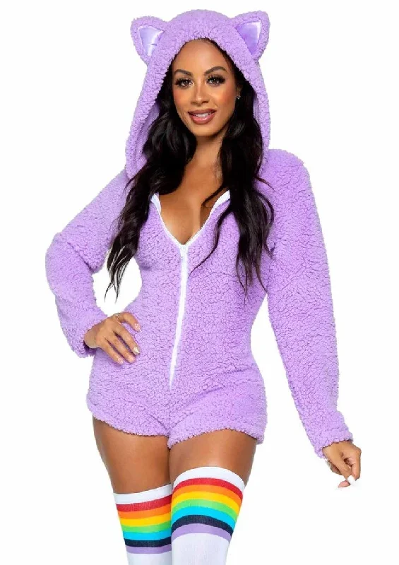 Leg Avenue Cuddle Kitty Ultra Soft Zip Up Romper with Cat Ear Hood and Tail