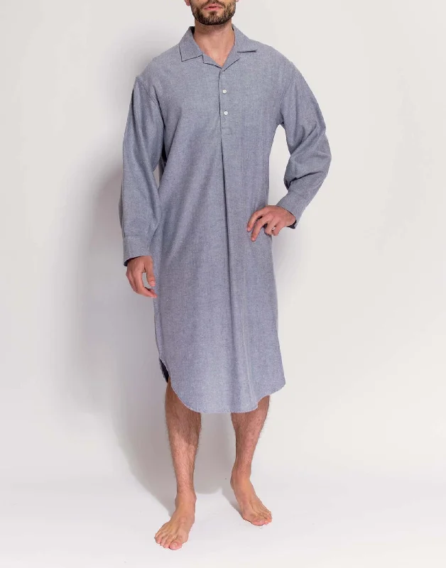 Men's Brushed Cotton Nightshirt – Ash Grey Herringbone